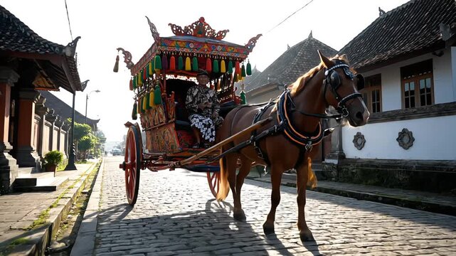 Traditional Javanese horse carriage Dokar on cobblestone street with driver in batik and blangkon, backlit morning sunlight