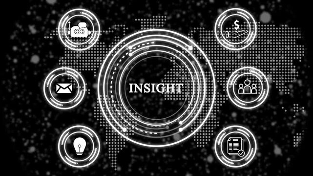 Quality Management System INSIGHT, concept animation with circular digital interface and connected icons representing documentation, communication, process control, compliance, finance, innovation,