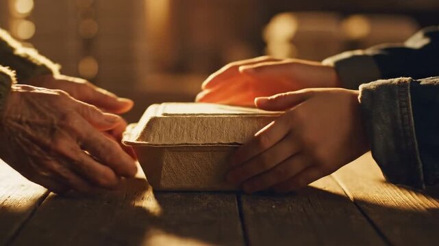 Hands passing a gift box and apple on a wooden table viewed from a slight angle