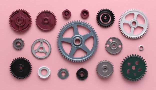 Assorted mechanical gears and cogs arranged on a pink background.
