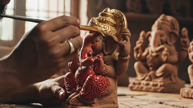Close-up of artisan hands painting small clay Lord Ganesha idol with gold paint, soft natural window light, bokeh background of workshop, handcrafted religious art preparation