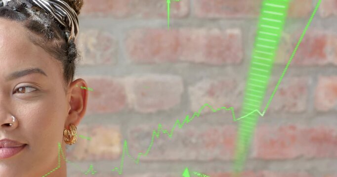 Female posing left-side on brick wall at start, green finance graphs crossing cheek, showing growth