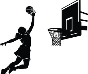 WebDynamic silhouette vector illustration of a female basketball player jumping toward the hoop for an athletic layup, showcasing action, sports energy, movement, competition, and determination © Samol