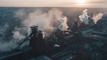 Obraz premium metallurgy. Aerial view of an industrial plant at dawn, with smoke creating a hazy, atmospheric landscape. safety posters. 