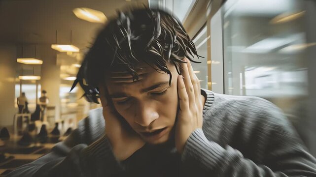 Man suffering from severe headache or stress gripping head in pain mental health