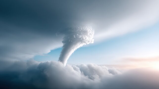 Dramatic tornado formation spiraling through clouds, showcasing nature's power and chaos in a breathtaking atmospheric display