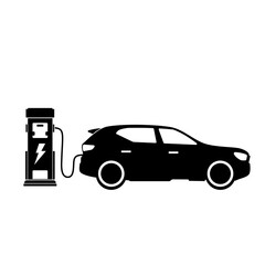 Electric Car With Charging Station Black Icon Vector