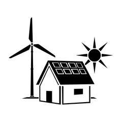 Modern Eco Home with Solar Panels and Wind Turbine Black Icon Vector
