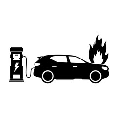 Electric Car On Fire With Charging Station Accident Insurance Claim Black Icon Vector
