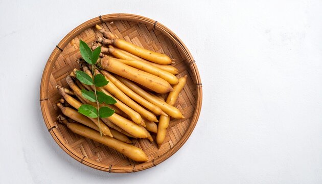 Fresh fingerroot (Boesenbergia rotunda) with green leaves on a traditional woven bamboo plate, ready for culinary use.