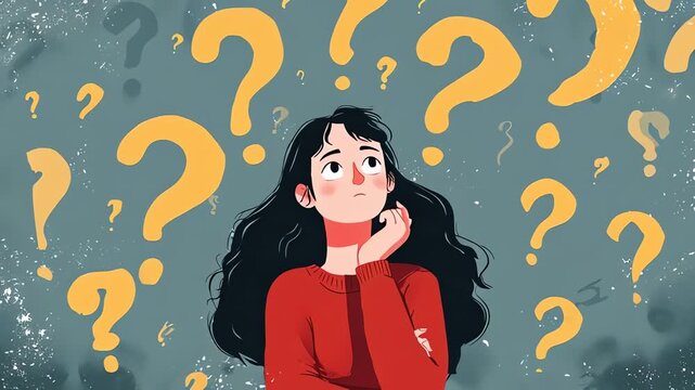 Woman surrounded by question marks thinking and searching for answers