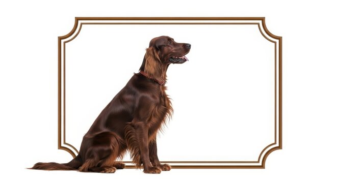 Elegant Irish Setter Portrait with Decorative Frame on White Background.