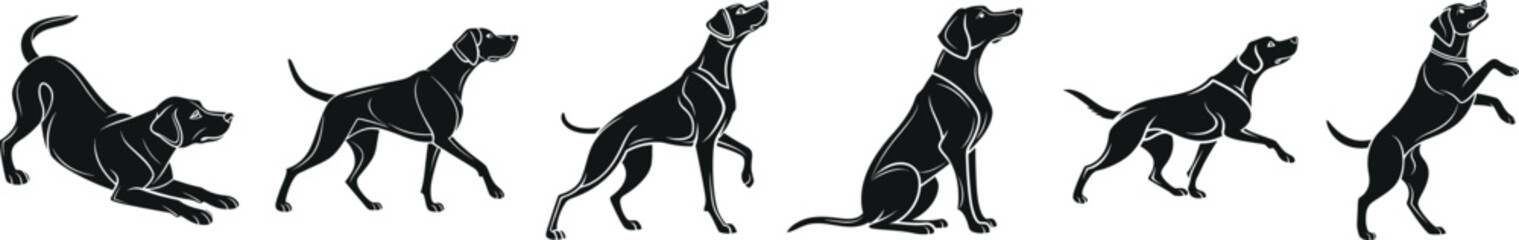Obraz premium Dog icon, sitting pose, standing pose, walking pose, playing, running pose, laying down pose, monochrome black design, clean simple lines, minimalist style, vector icon