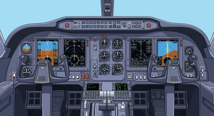 Obraz premium Detailed vector illustration of an aircraft cockpit from a pilot's view, featuring a comprehensive control panel and instrumentation.