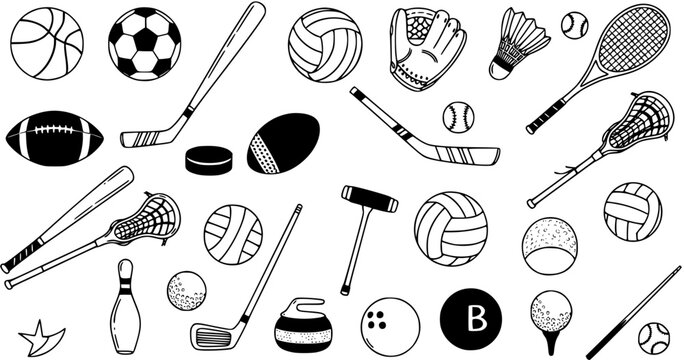 Sports Equipment Black and White Line Art Icons Set. Hand-drawn outline collection of various athletic balls, rackets, sticks, and gear for games, fitness, and recreation.