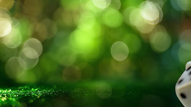 White Dice Rolling Falling or Floating Against Green Bokeh Background