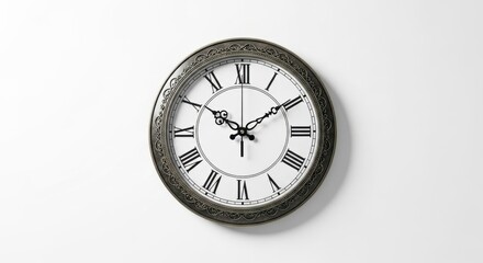 Elegant Roman Numeral Wall Clock on White Background, Timekeeping.