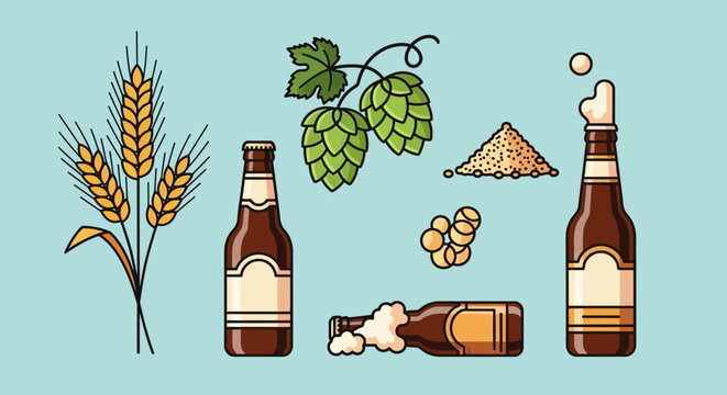 Illustration of beer brewing ingredients and bottles, including wheat, hops, malt, yeast, and finished beer.