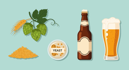 A collection of ingredients and finished products related to beer making, including hops, barley, yeast, a beer bottle, and a glass of beer.