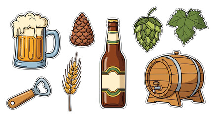 A collection of illustrations related to beer making, including a mug of beer, a bottle, a barrel, hops, barley, a pine cone, and a bottle opener.