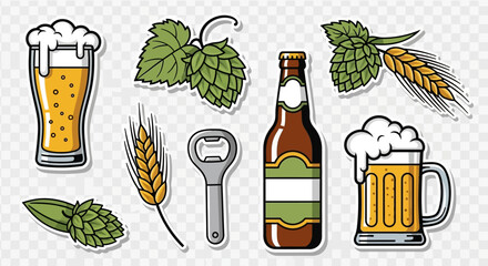 A collection of illustrations featuring beer, hops, barley, and a bottle opener, perfect for beverage-related designs.