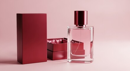 Elegant perfume bottle and box on a pink background.