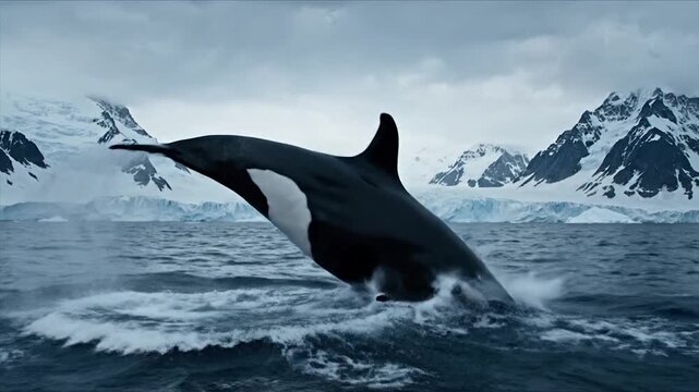 Orca whale breaching the water in Antarctica with snowy mountains in the background.