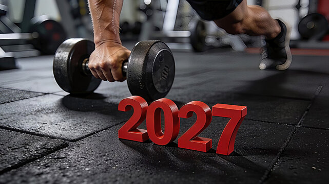 A red 3D numbers 2027 placed on a black rubber gym floor. Happy New Year, New Year