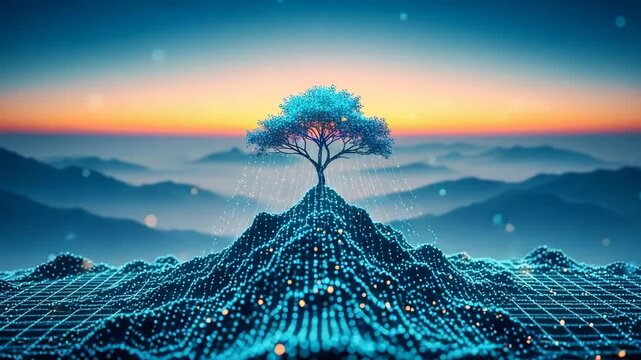 Isolated Tree Sits Atop Data-driven Mountain Emitting Light Set Against Sunset With Mountains In The Background For Design Concepts Related To Technology Connectivity The Environment