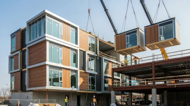 Construction of modern building modular sections with crane