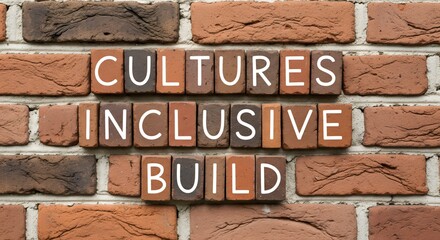 Fototapeta premium Words Cultures Inclusive Build Displayed on Brick Wall, Workplace Diversity Message, Inclusive Culture, Equality Values, Community Strength, Corporate Responsibility and Social Awareness Background