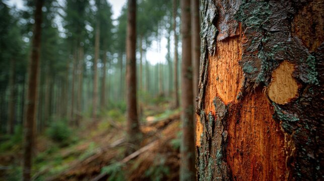 Forestry industry sustainable selective logging with marked on blurred background
