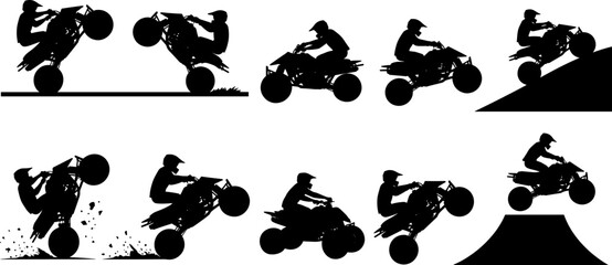 ATV quad bike silhouette action set showing extreme off road riding, jumps, stunts and racing scenes, motorsport vehicle illustrations isolated on white background © Goutom