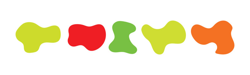 Colorful Abstract Blob Collection: Vector Set of Vibrant Green, Red, and Orange Organic Shapes and Fluid Amoeba Silhouettes for Playful Brand Identity and Creative Design