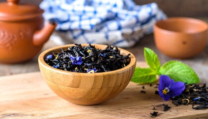 Herbal tea blend presented in a wooden bowl on a board, with teaware and a blue-white cloth backdrop