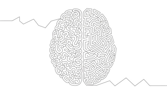 Intricate brain illustration with geometric maze pattern and jagged mountain silhouettes.