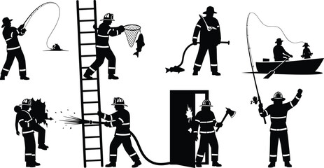 Collection of Professional Firefighter and Fisherman Silhouette Vector Illustration Set for Emergency Rescue Occupational Career and Outdoor Fishing Hobby Design