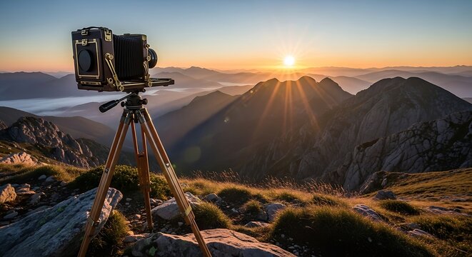 Large Format Camera on Tripod Capturing Majestic Mountain Sunset.