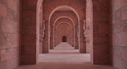 Obraz premium A long, symmetrical corridor of arched doorways, vanishing into the distance, red-hued stone