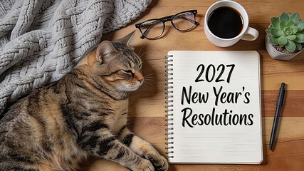 A wooden desk, a spiral notebook open with text 2027 New Year's Resolutions. Happy New Year, New Year
