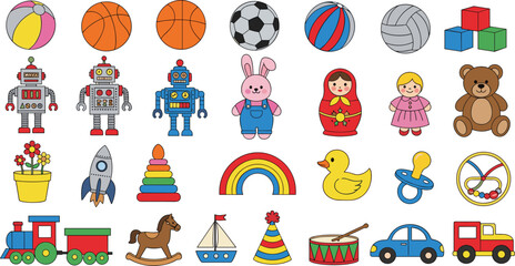Cute collection of children&rsquo;s toys including balls, robots, dolls, teddy bear, stacking rings, rocking horse, train, duck, car, and baby items