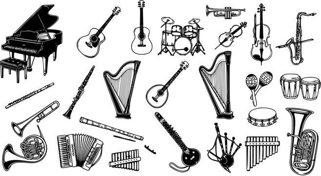 Black and White Line Art of Assorted Musical Instruments on White Background - Music Industry Stock Asset