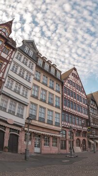 Frankfurt Germany time lapse city skyline at Romer old town square (Vertical)