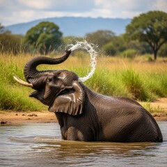 Obraz premium Elephant enjoying a refreshing bath in a watering hole.