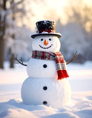 Obraz premium A jolly snowman in a snowy setting with a hat, scarf, and twig arms