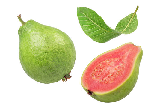 a single whole green guava and a half-cut pink guava with leaves, isolated against a transparent background.