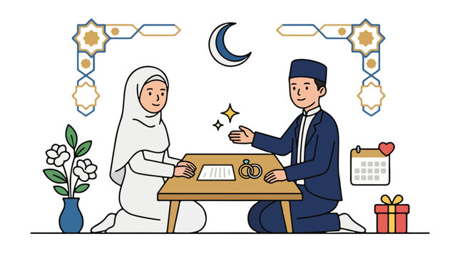 Muslim Wedding Ceremony Akad Nikah Flat Vector Illustration with Bride and Groom Seated at Table with Islamic Symbols and Decorations on White Background