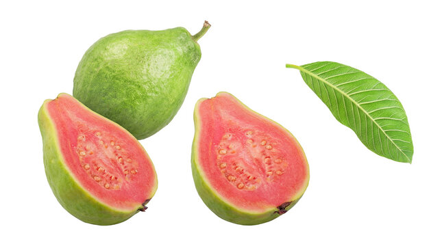 pink guava fruit whole and halved with leaf