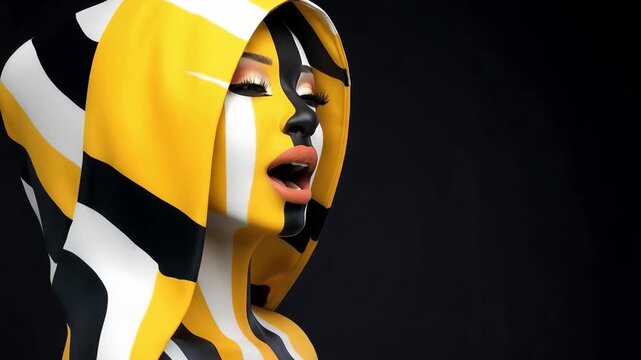 A model showcases various angles of face painting on her face and hood. Bright colors and patterns highlight the artwork. The studio is well-lit with dramatic effects.
