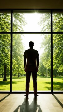 Contemplative Break Looking Out Large Window at Nature
